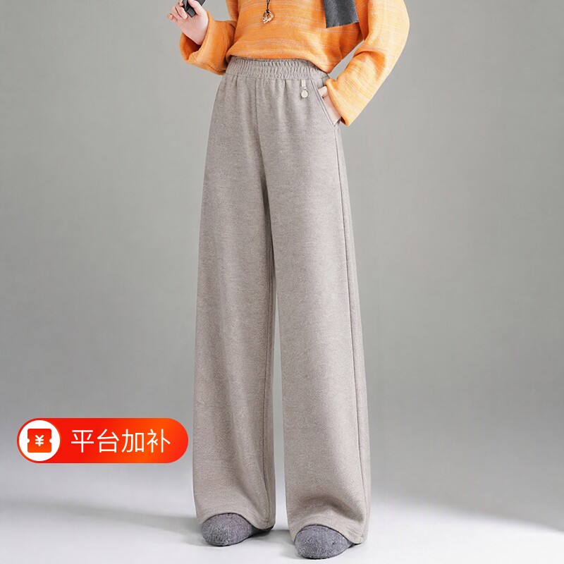 妈妈裤子秋装休闲阔腿直筒裤中老年女士松紧腰春秋冬加绒厚毛呢裤