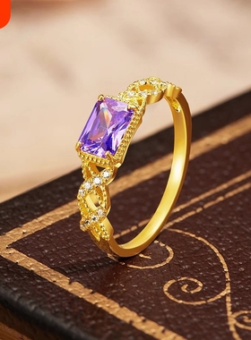 法式复古金色镶嵌方形锆石戒指女小众轻奢高级感微镶镂空编织指环