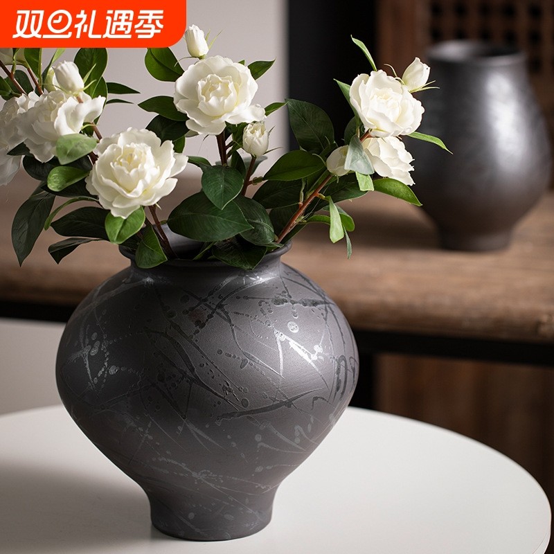 景德镇高级感黑色陶罐花瓶中式禅意陶瓷摆件客厅桌面插花装饰花器