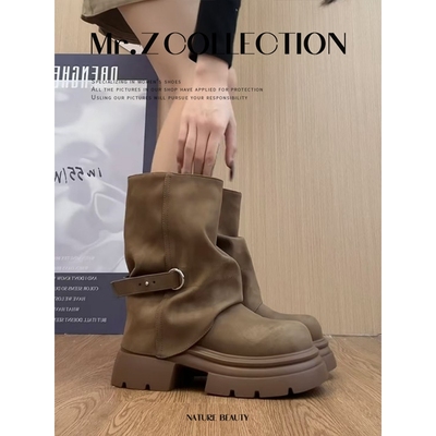 棕色厚底马丁靴女款2025新款早秋季增高裤管靴英伦风美拉德短靴子