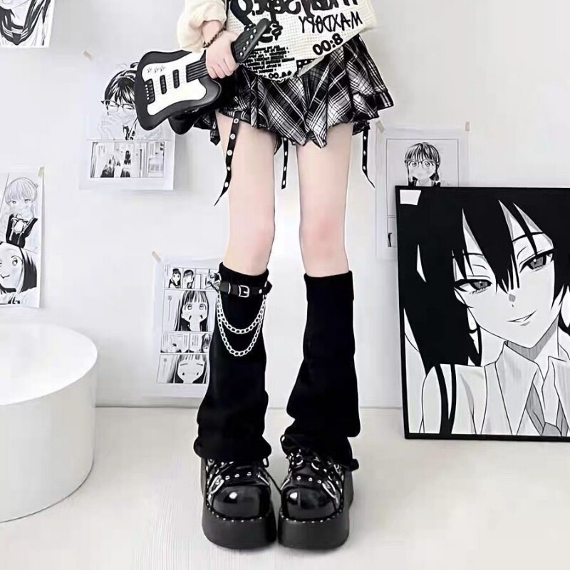 链条jk皮扣针织中筒堆堆袜套女显瘦腿套辣妹y2k亚文化喇叭袜黑色