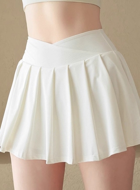 运动短裙女速干百褶瑜伽裙假两件羽毛球网球裙裤小白裙夏季白色