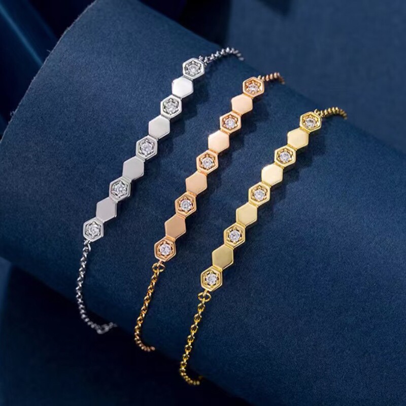 蜂巢项链罗曼高叶同款女菱格纹锁骨链纯银蜂窝微笑吊坠黄金笑脸