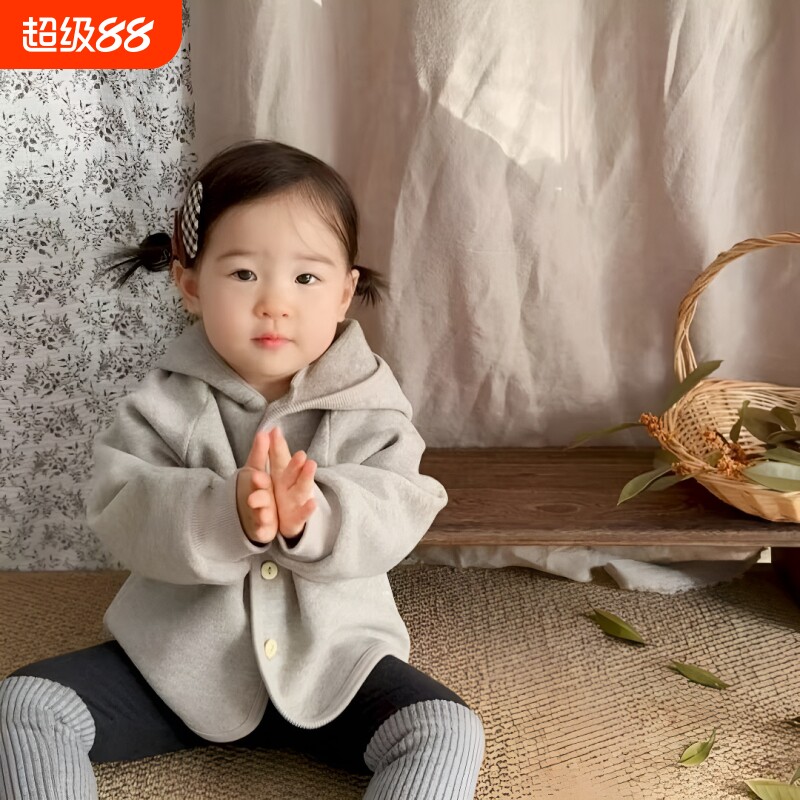 儿童外套连帽开衫春秋款男女童外套韩系休闲款灰色上衣宝宝外出服