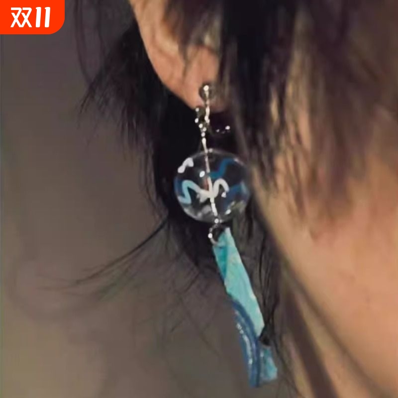 神奈川和风耳夹风铃神奈川海浪和风耳环玻璃球球耳环海浪纹耳夹