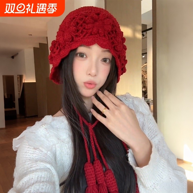 双层加厚手工钩花针织帽女2025冬季保暖防寒包头冷帽民族风毛线帽