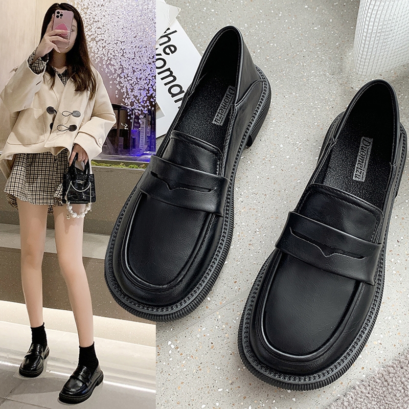 英伦风一脚蹬单鞋2025新款春秋圆头厚底懒人粗跟乐福鞋女小皮鞋女