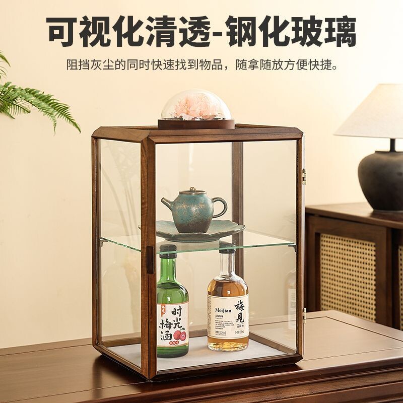 双层木质边框玻璃展示柜带门防尘高透明茶叶罐手办摆件收纳陈列柜图片