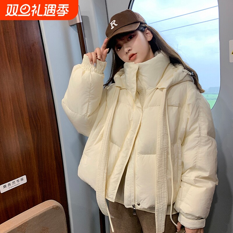 户外2025新款蝴蝶结韩版小众ins学院风羽绒服短款连帽加厚小个子