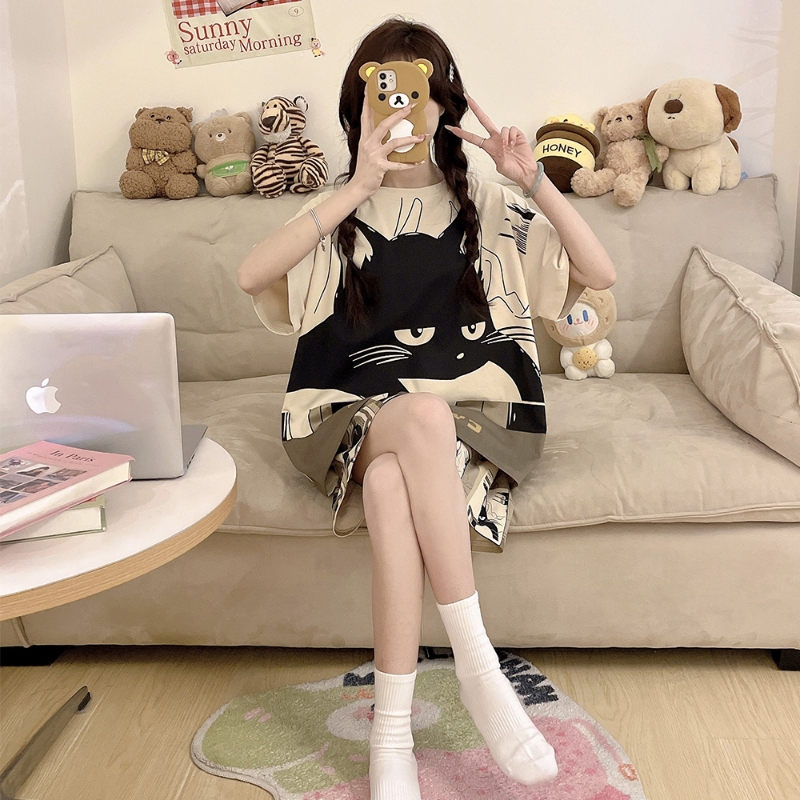女童睡衣夏季短裤纯棉短袖薄款中大童卡通猫咪儿童女孩亲子家居服