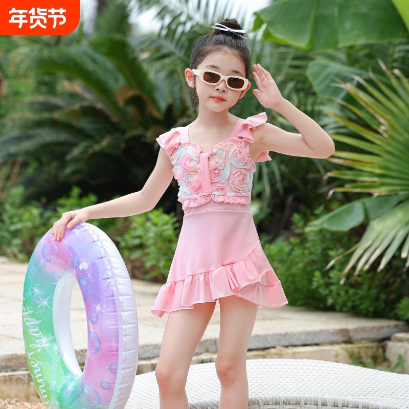 儿童泳衣女夏2025新款甜美可爱连体泳装小女孩花边粉色公主游泳衣
