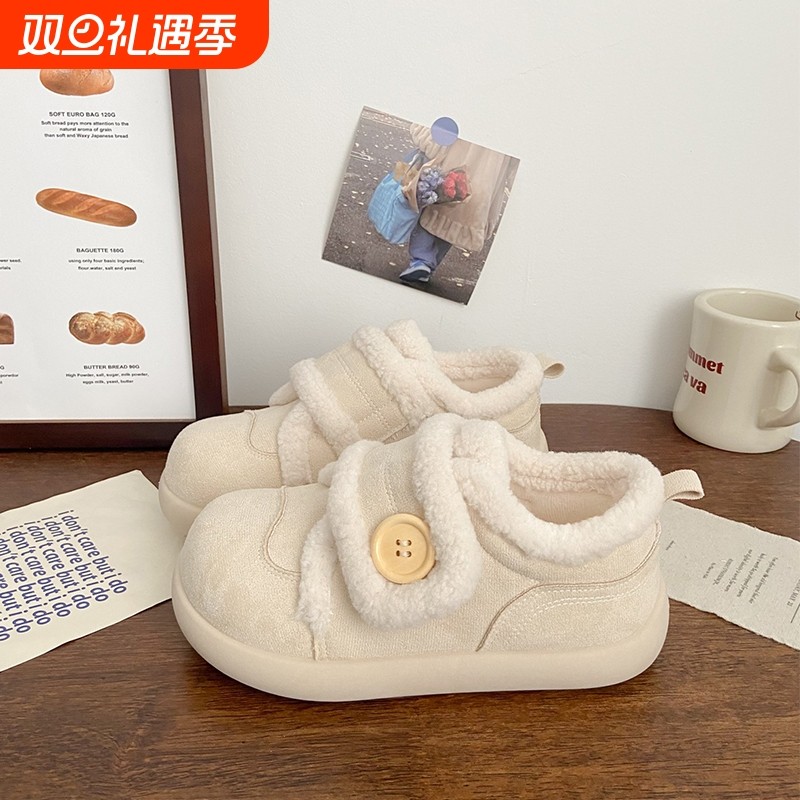 加绒魔术贴板鞋女丑萌冬季新款棉鞋chic小众雪地靴运动小白鞋圆头