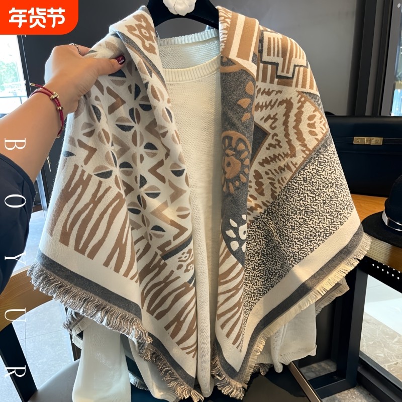 LVАFGН正品秋冬羊绒短须毛边大方巾披肩女双面加厚保暖围巾防寒