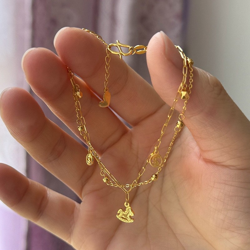 法式金色双层叠戴摇摇步马吊坠手链韩版时尚简约精致高级感手饰品