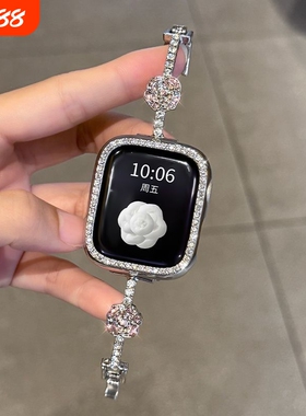 新款山茶花镶钻适用于苹果S10手表表带iwatchs9代轻奢s8高级s7s6seS5细金属4Ultra表链3女2链条1手镯手环银色