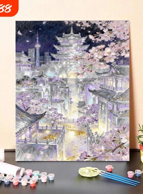 DIY数字油画古建筑樱花夜景