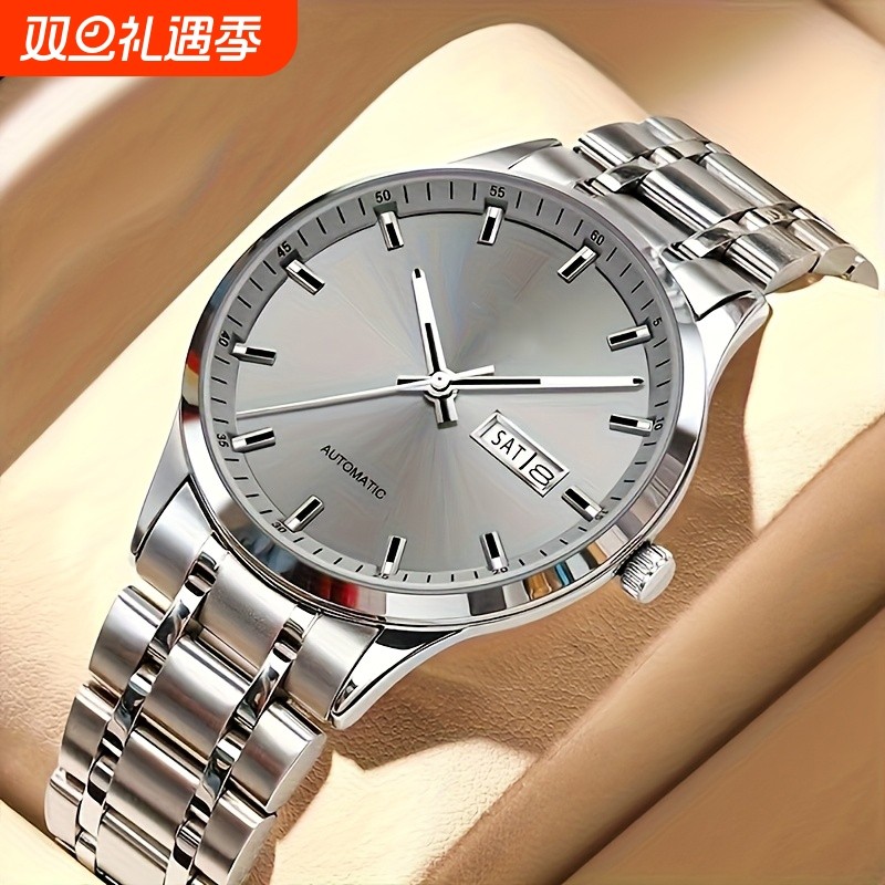 正品瑞士2024新款手表男士全自动机械风防水精钢带双日历男表夜光