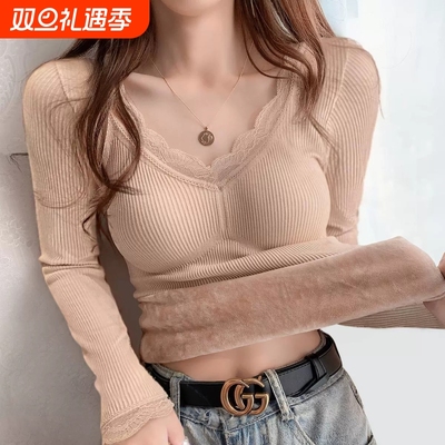 蕾丝花边v领保暖打底衫女秋冬季加绒纯欲辣妹上衣灰色卡其色黑色