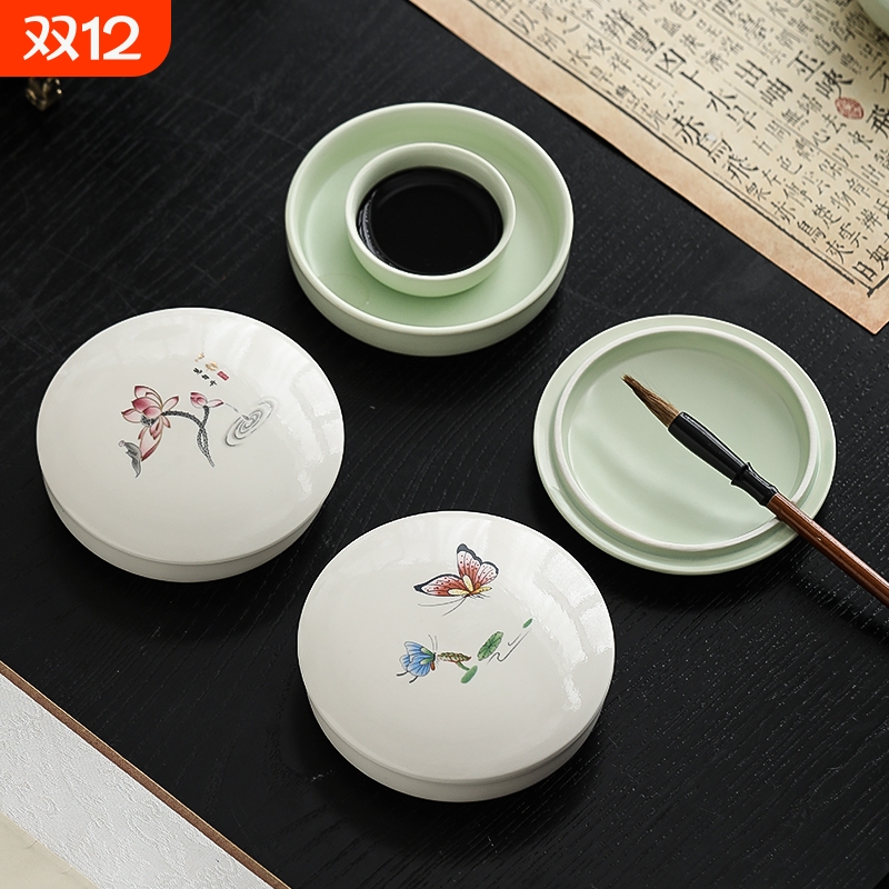 陶瓷火锅砚台书法专用带盖墨盒