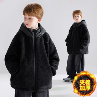 男童加绒外套春秋冬款2025新款儿童夹棉上衣中大童保暖潮毛绒毛衣