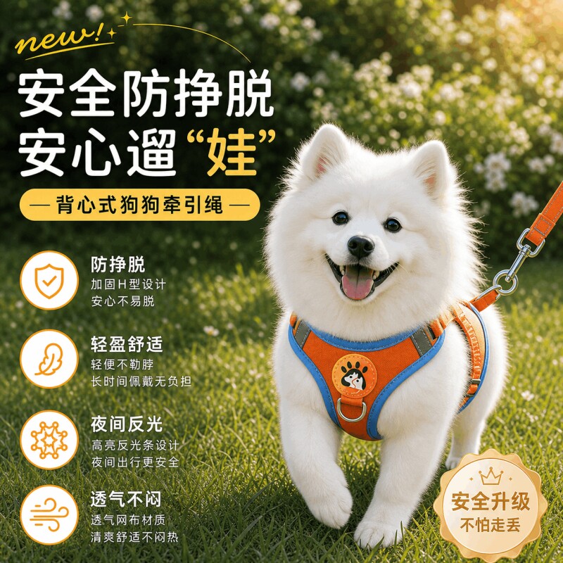 背心式狗狗牵引绳遛狗绳胸背带中小型犬泰迪防咬幼犬狗链子不勒脖图片