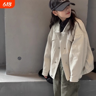 童装女童春秋季新款宽松牛仔外套洋气儿童韩版夹克上衣潮薄款白色