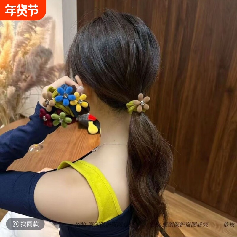 韩国新款植绒花朵发圈可爱甜美少女心发绳头绳发饰多巴胺洋气