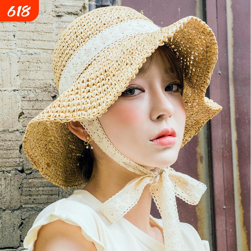 遮阳帽子女夏天韩版系带蕾丝草帽chic小清新日系手工编织夏沙滩帽