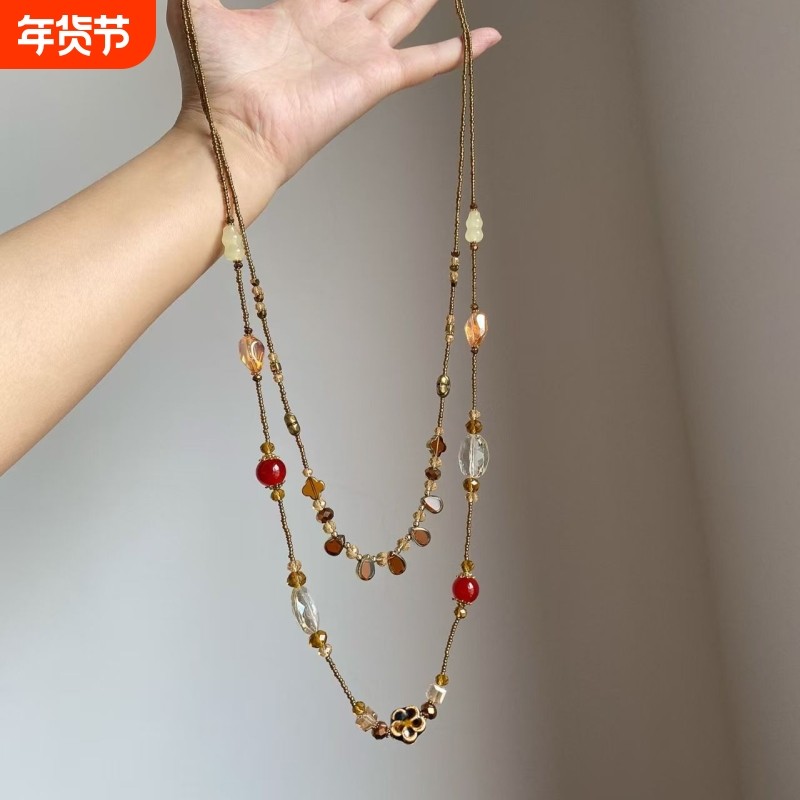 中古vintage双层陶瓷水滴葫芦花朵项链复古个性小众高级感锁骨