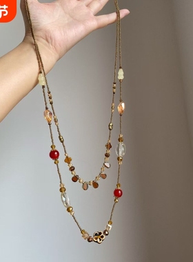 中古vintage双层陶瓷水滴葫芦花朵项链复古个性小众高级感锁骨链