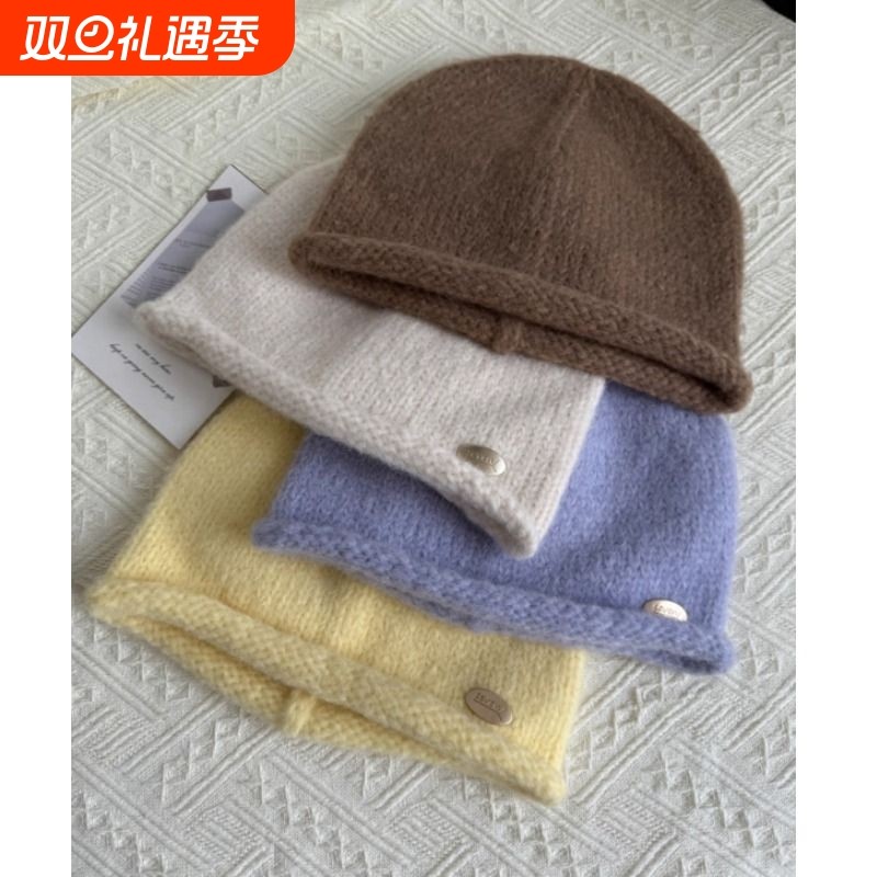 卷边毛线帽子女秋冬保暖冷帽韩版短款针织帽紫色灰色黑色藏青色