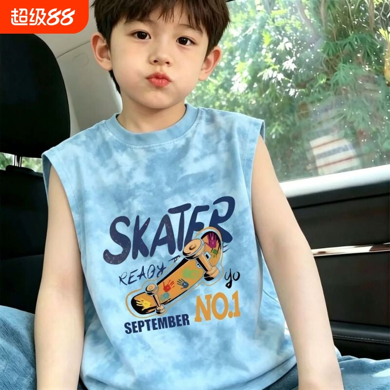 纯棉新款扎染无袖背心男童夏季儿童宽松卡通百搭印花坎肩圆领上衣图片