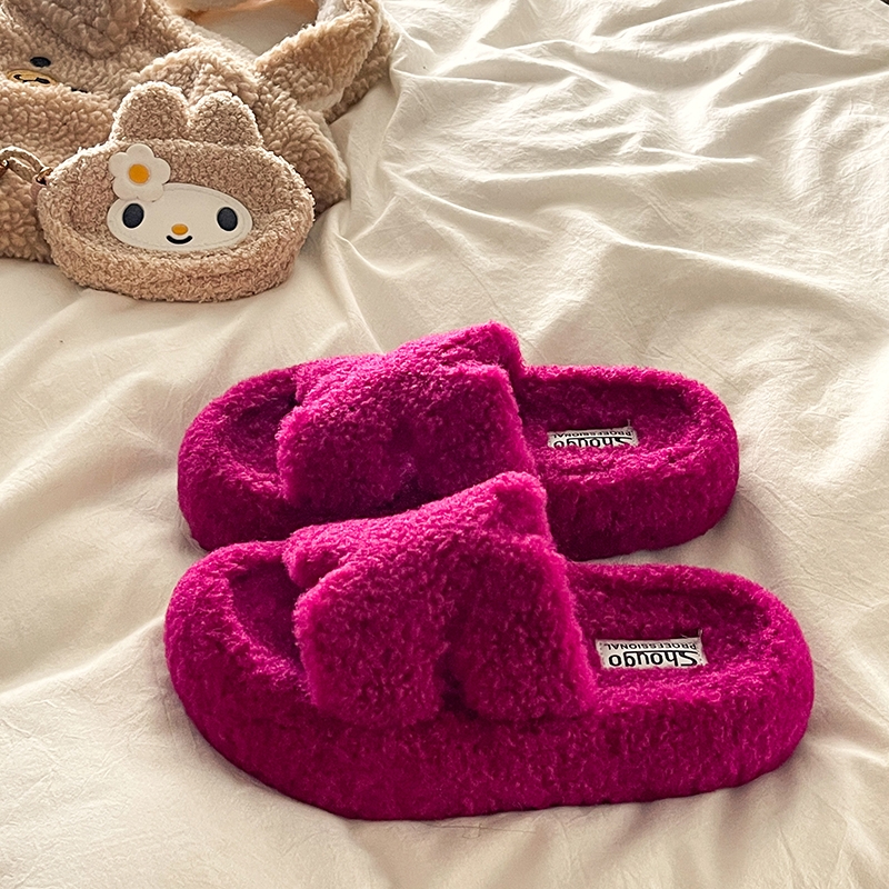 厚底时尚火龙果色毛毛拖鞋女2025春秋冬新款软底棉拖毛绒黑色白色