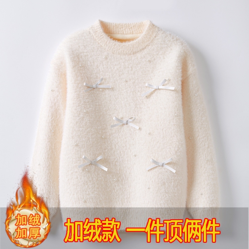 女童打底衫加绒厚毛衣秋冬装2025年水貂绒儿童针织衫上衣红色白色