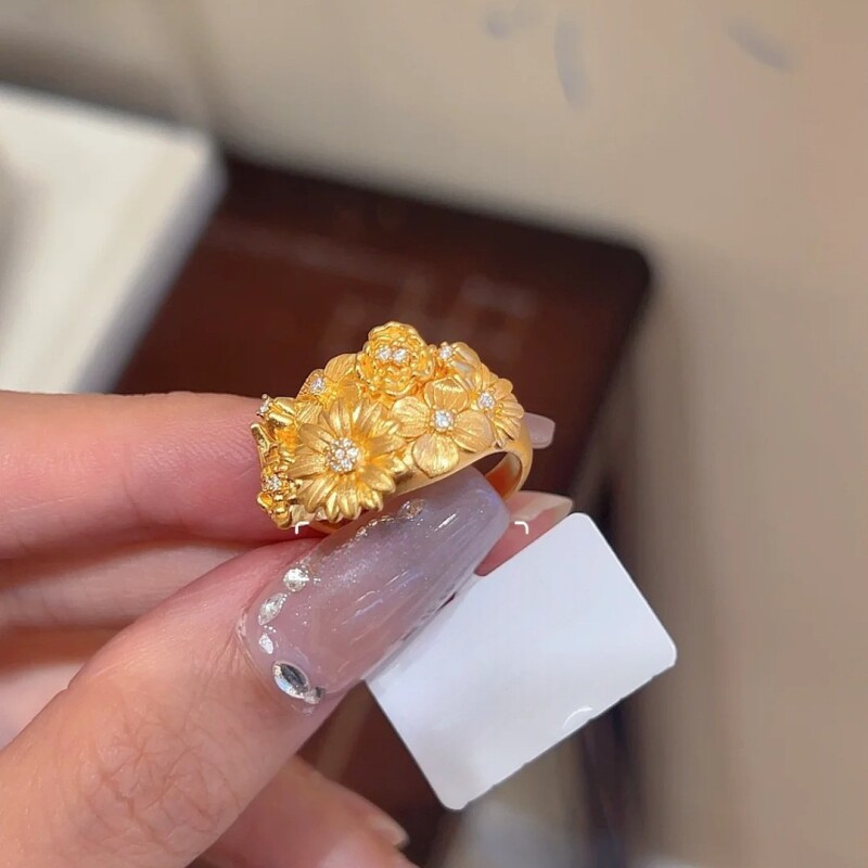 【繁花似锦】新中式金色点钻繁花戒指女婚嫁复古民族风高颜值手饰图片