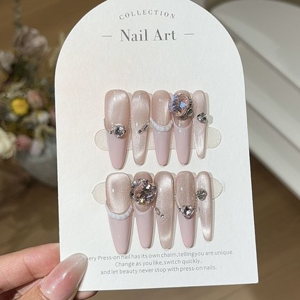 桃汐里少女心纯K9钻皮粉法式侧光玻璃珠猫眼穿戴甲椭圆