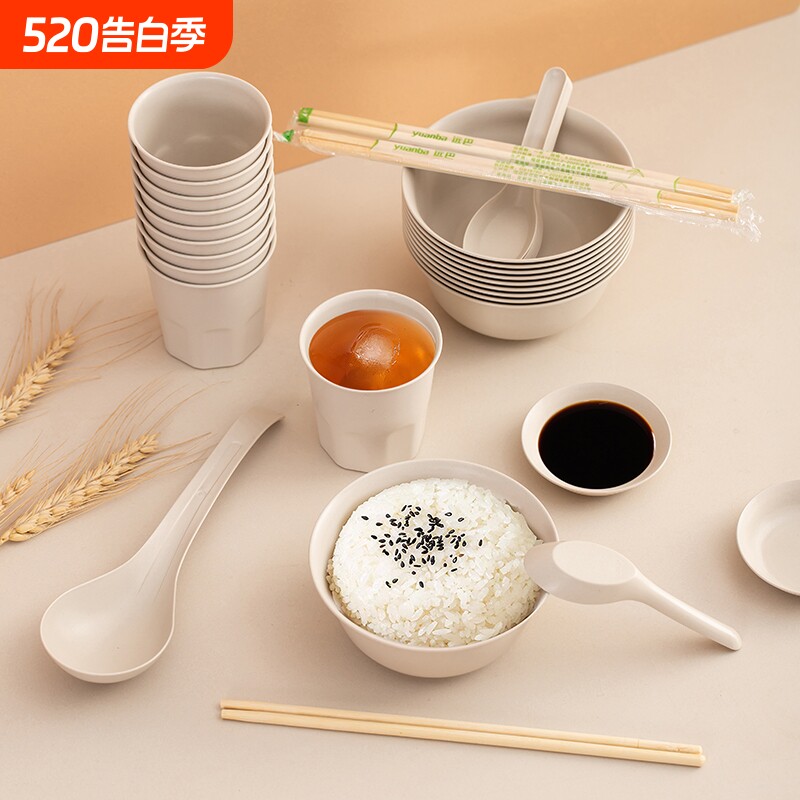 稻壳一次性餐具碗筷套装野餐十件套家用勺杯子饭碗酒席结婚可降解