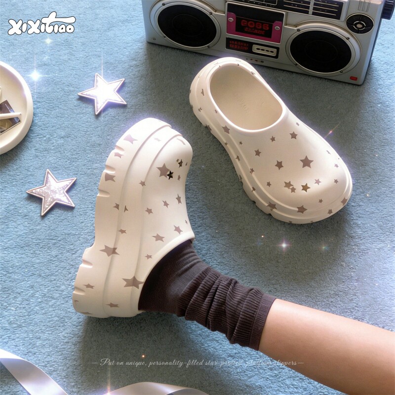 细细条 星星印花厚底包头半拖女穆勒鞋防滑足弓外穿夏懒人洞洞鞋