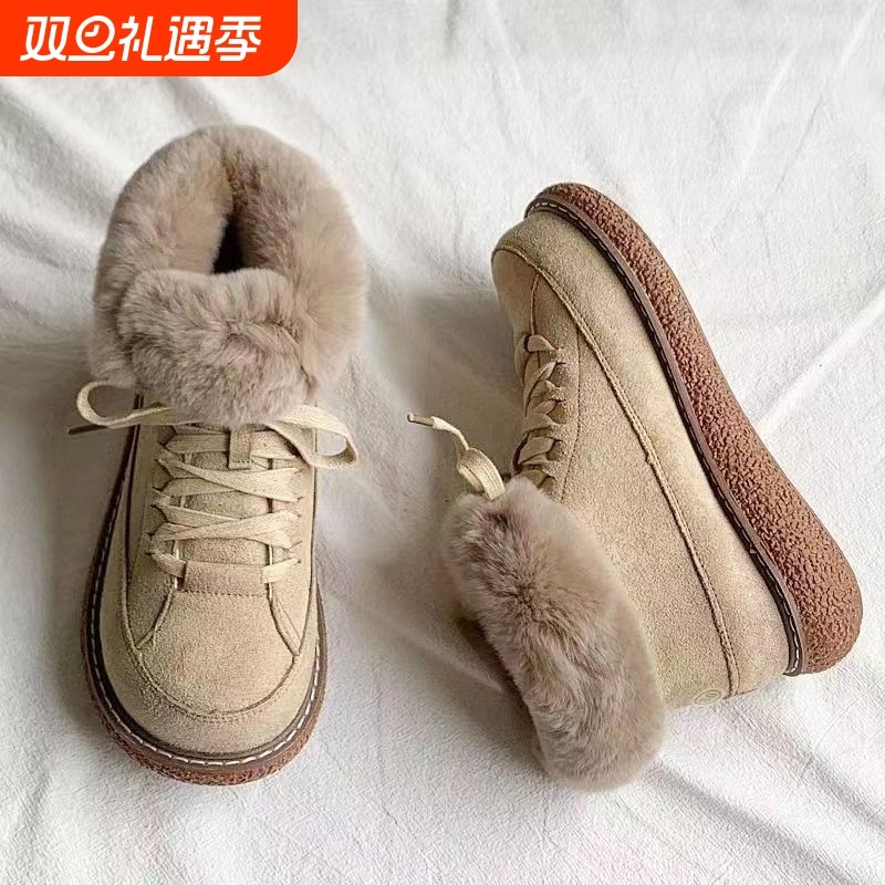 厚底加绒短靴马丁靴女雪地靴女冬加厚东北保暖棉鞋带防水防滑兔毛