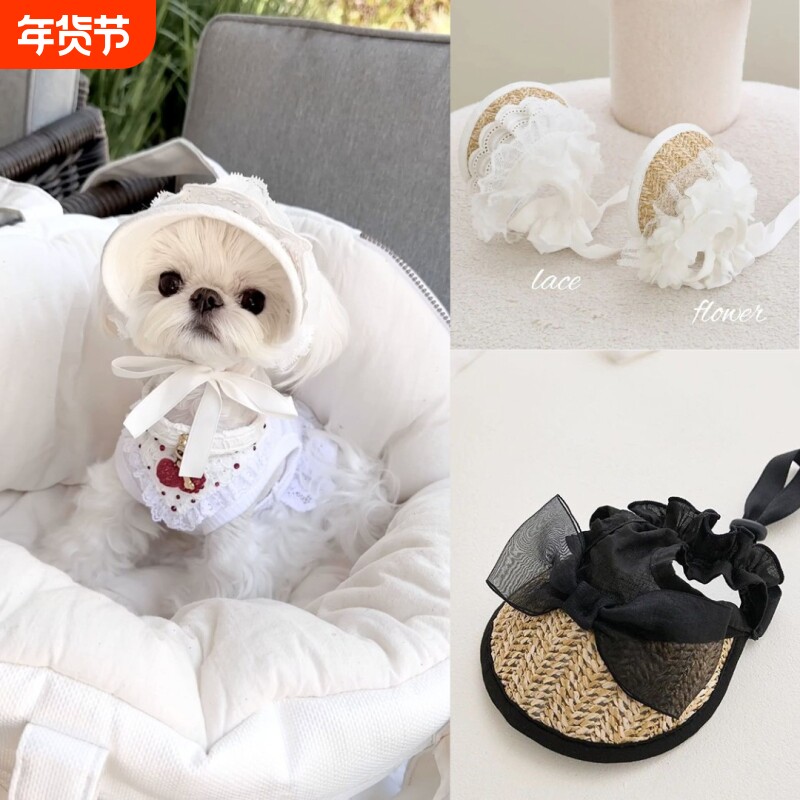 INS韩国法式蕾丝草编遮阳帽狗狗宠物猫咪绑绳猪鼻扣调节帽子草帽