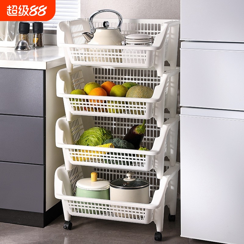 厨房置物架斜口多层落地果蔬菜收纳筐家用移动小推车可叠加储物筐