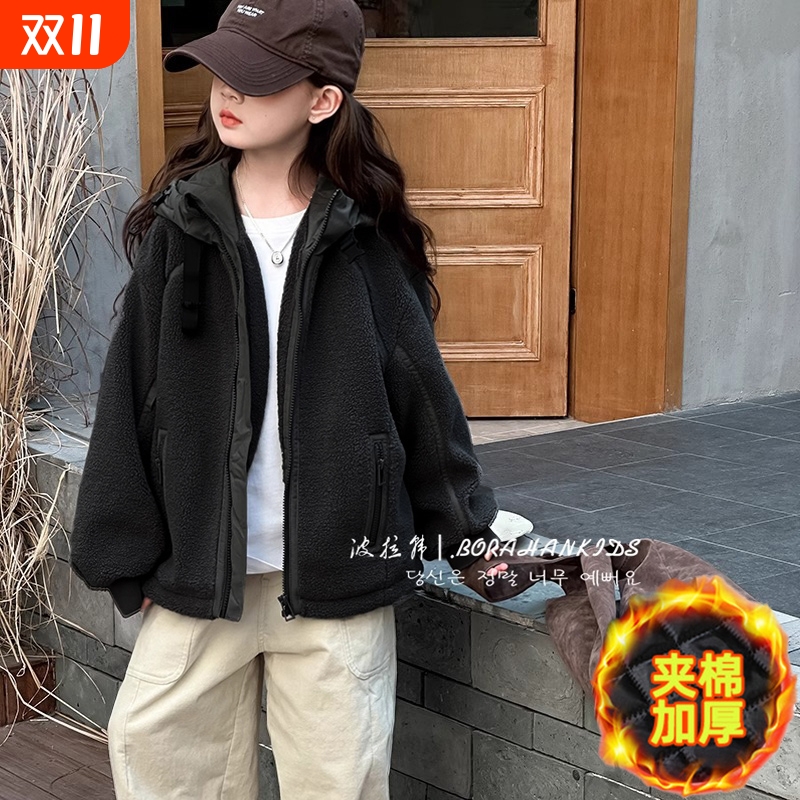 男童冬装加绒外套2025新款中大儿童秋冬款夹棉加厚羊羔绒毛毛衣潮