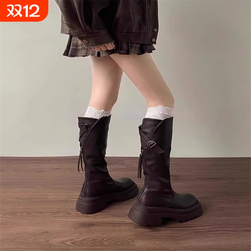 棕色小个子显瘦厚底靴子女长筒靴2025新款秋季不过膝长靴潮高筒