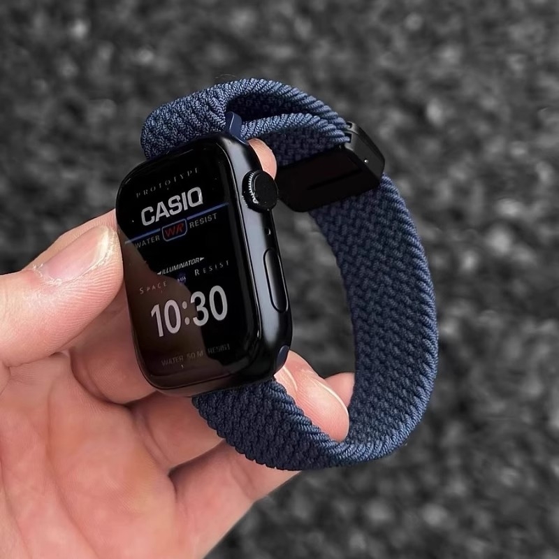 适用applewatch9编织磁吸S11表带苹果手表iwach10弹力尼龙新款Ultra2/3金属扣S9/s8/7/6/5/4代透气SE腕带男