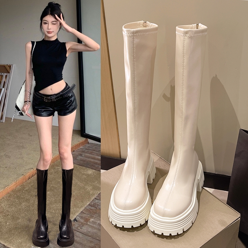 他她女孩长筒靴女2025新款秋冬季加绒瘦瘦靴显瘦马丁弹力白色黑色