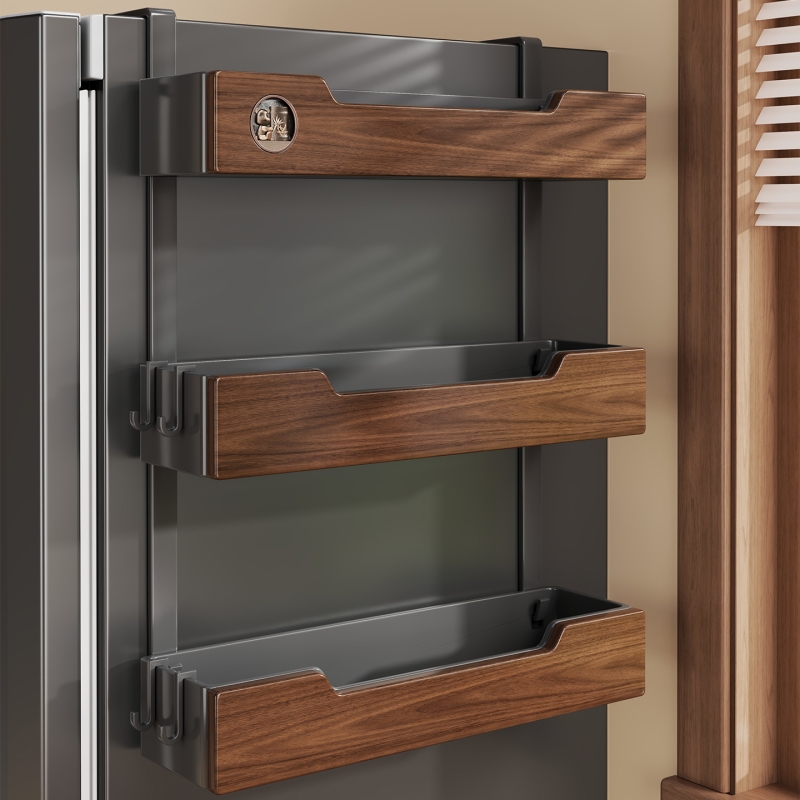 实木冰箱侧置物架厨房壁挂收纳筐悬挂免打孔多层调味品架整理神器