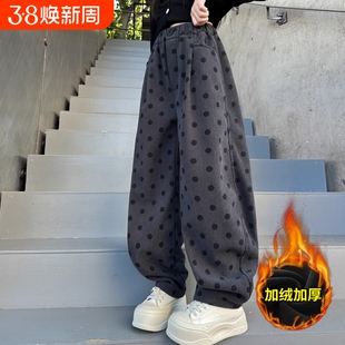 女童加绒裤子秋冬款2025新款冬装女孩波点灯芯绒儿童冬季加厚绒裤