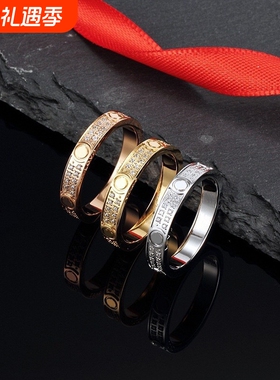 厂家直销卡加钛钢戒指两三排钻宽窄版镶钻满天星玫瑰金情侣指环