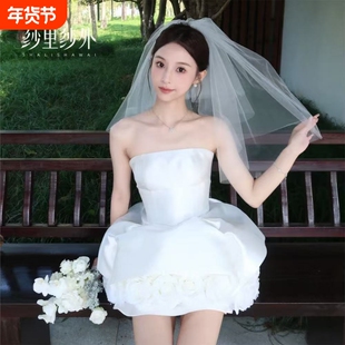 新娘求婚头纱超仙领证结婚短款头饰婚纱蓬蓬登记白色拍照道具蝴蝶