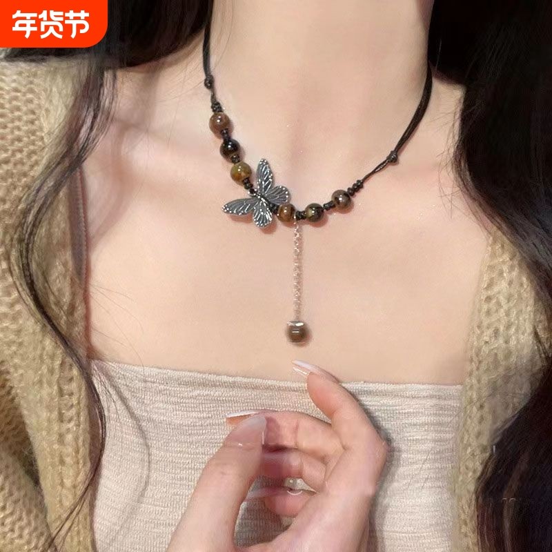 2025款创新复古陶瓷蝴蝶项链百搭简约锁骨链长款抽绳颈链